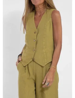 Women's Active Basic Linen-Inspired Sets Two Piece Sets Blouse Sleeveless V Neck Solid Color Dubbele Rij Knopen Vacation Casual Daily Black White Wine Summer Regular Fit