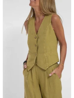 Women's Active Basic Linen-Inspired Sets Two Piece Sets Blouse Sleeveless V Neck Solid Color Dubbele Rij Knopen Vacation Casual Daily Black White Wine Summer Regular Fit