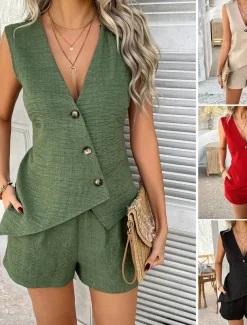Women's Active Basic Linen-Inspired Sets Two Piece Sets Vest Sleeveless V Neck Solid Color Casual Daily Black Red Green Summer Regular Fit
