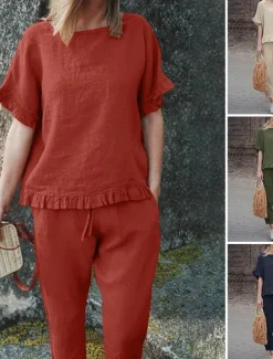 Women's Active Basic Linen-Inspired Sets Two Piece Sets Blouse Short Sleeve Crew Neck Solid Color Drawstring Vacation Casual Daily Black Army Green Red Summer Regular Fit
