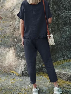 Women's Active Basic Linen-Inspired Sets Two Piece Sets Blouse Short Sleeve Crew Neck Solid Color Drawstring Vacation Casual Daily Black Army Green Red Summer Regular Fit