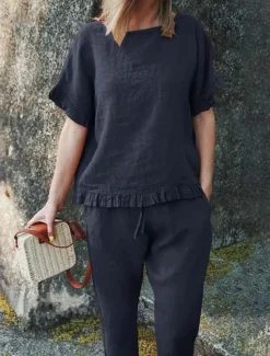 Women's Active Basic Linen-Inspired Sets Two Piece Sets Blouse Short Sleeve Crew Neck Solid Color Drawstring Vacation Casual Daily Black Army Green Red Summer Regular Fit