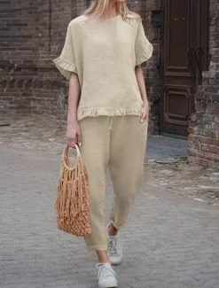 Women's Active Basic Linen-Inspired Sets Two Piece Sets Blouse Short Sleeve Crew Neck Solid Color Drawstring Vacation Casual Daily Black Army Green Red Summer Regular Fit