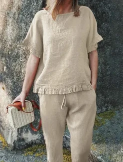 Women's Active Basic Linen-Inspired Sets Two Piece Sets Blouse Short Sleeve Crew Neck Solid Color Drawstring Vacation Casual Daily Black Army Green Red Summer Regular Fit