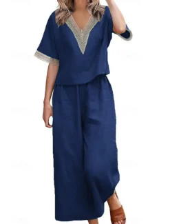 Women's Active Basic Linen-Inspired Sets Two Piece Sets Blouse Half Sleeve V Neck Solid Color Patchwork Holiday Dark Grey Black Dark Navy Summer Regular Fit