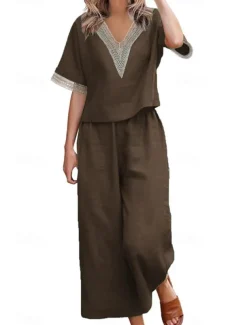 Women's Active Basic Linen-Inspired Sets Two Piece Sets Blouse Half Sleeve V Neck Solid Color Patchwork Holiday Dark Grey Black Dark Navy Summer Regular Fit