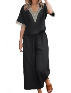 Women's Active Basic Linen-Inspired Sets Two Piece Sets Blouse Half Sleeve V Neck Solid Color Patchwork Holiday Dark Grey Black Dark Navy Summer Regular Fit