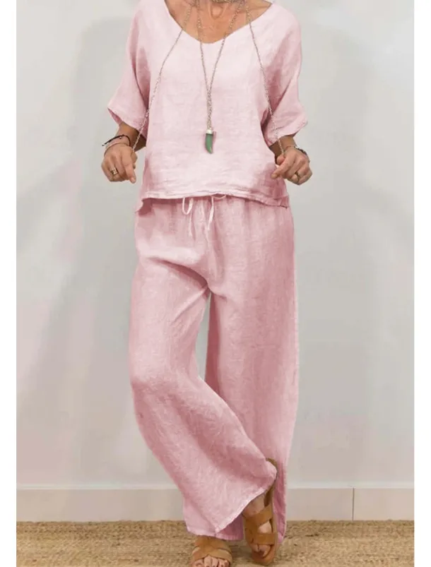 Women's Active Basic Shirt Linen-Inspired Sets Two Piece Sets Half Sleeve V Neck Solid Color Drawstring Holiday Casual Daily Black Pink Green Summer Regular Fit