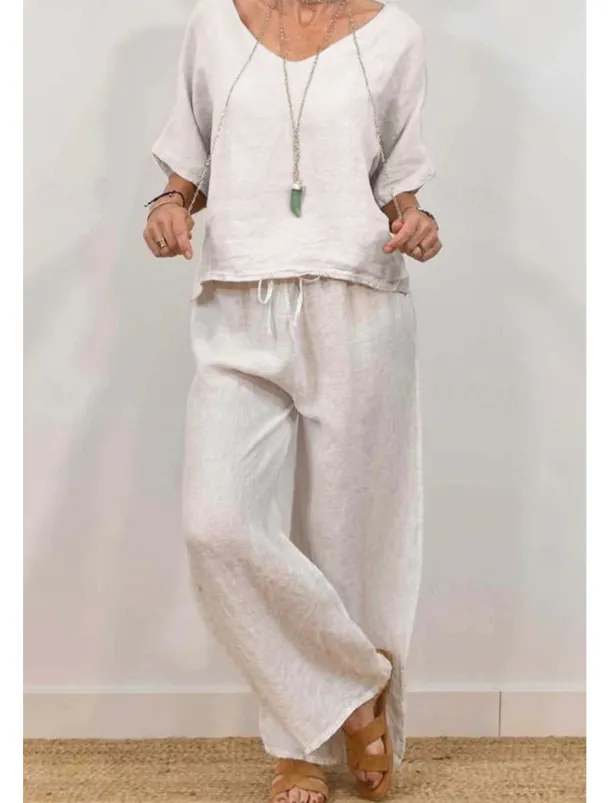 Women's Active Basic Shirt Linen-Inspired Sets Two Piece Sets Half Sleeve V Neck Solid Color Drawstring Holiday Casual Daily Black Pink Green Summer Regular Fit