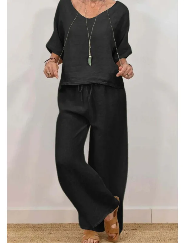 Women's Active Basic Shirt Linen-Inspired Sets Two Piece Sets Half Sleeve V Neck Solid Color Drawstring Holiday Casual Daily Black Pink Green Summer Regular Fit