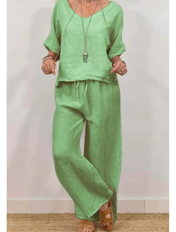 Women's Active Basic Shirt Linen-Inspired Sets Two Piece Sets Half Sleeve V Neck Solid Color Drawstring Holiday Casual Daily Black Pink Green Summer Regular Fit