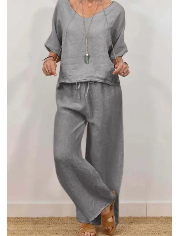 Women's Active Basic Shirt Linen-Inspired Sets Two Piece Sets Half Sleeve V Neck Solid Color Drawstring Holiday Casual Daily Black Pink Green Summer Regular Fit