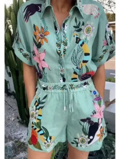 Women's Active Basic Shirt Linen-Inspired Sets Two Piece Sets Short Sleeve Shirt Collar Floral Print Holiday Casual Daily Weekend Green Summer Regular Fit