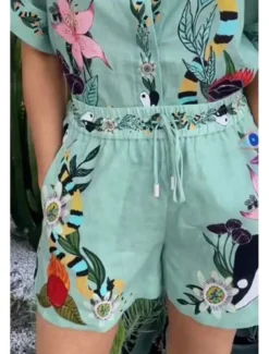 Women's Active Basic Shirt Linen-Inspired Sets Two Piece Sets Short Sleeve Shirt Collar Floral Print Holiday Casual Daily Weekend Green Summer Regular Fit