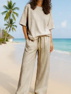 Women's Active Basic Two Piece Sets Pants Sets Half Sleeve Crew Neck Solid Color Casual Daily Navy Blue Brown Green Summer Regular Fit