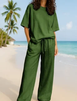 Women's Active Basic Two Piece Sets Pants Sets Half Sleeve Crew Neck Solid Color Casual Daily Navy Blue Brown Green Summer Regular Fit