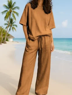 Women's Active Basic Two Piece Sets Pants Sets Half Sleeve Crew Neck Solid Color Casual Daily Navy Blue Brown Green Summer Regular Fit