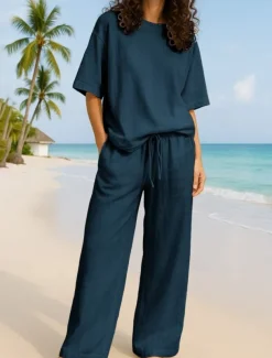 Women's Active Basic Two Piece Sets Pants Sets Half Sleeve Crew Neck Solid Color Casual Daily Navy Blue Brown Green Summer Regular Fit