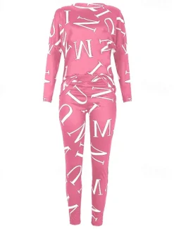 Women's Active Sports Shirt Pants Sets Pants Trousers Long Sleeve One Shoulder Letter Print Casual Daily Black White Pink Spring & Fall Regular Fit