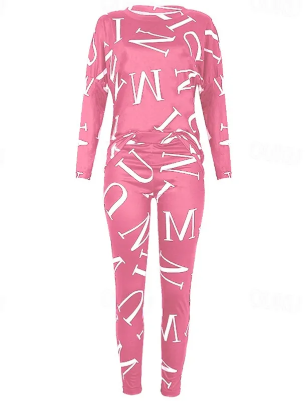 Women's Active Sports Shirt Pants Sets Pants Trousers Long Sleeve One Shoulder Letter Print Casual Daily Black White Pink Spring & Fall Regular Fit