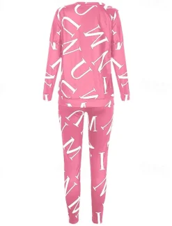 Women's Active Sports Shirt Pants Sets Pants Trousers Long Sleeve One Shoulder Letter Print Casual Daily Black White Pink Spring & Fall Regular Fit