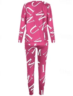 Women's Active Sports Shirt Pants Sets Pants Trousers Long Sleeve One Shoulder Letter Print Casual Daily Black White Pink Spring & Fall Regular Fit