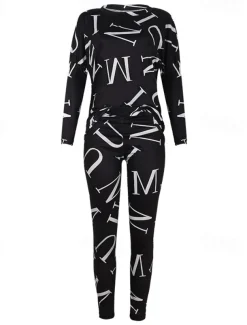 Women's Active Sports Shirt Pants Sets Pants Trousers Long Sleeve One Shoulder Letter Print Casual Daily Black White Pink Spring & Fall Regular Fit