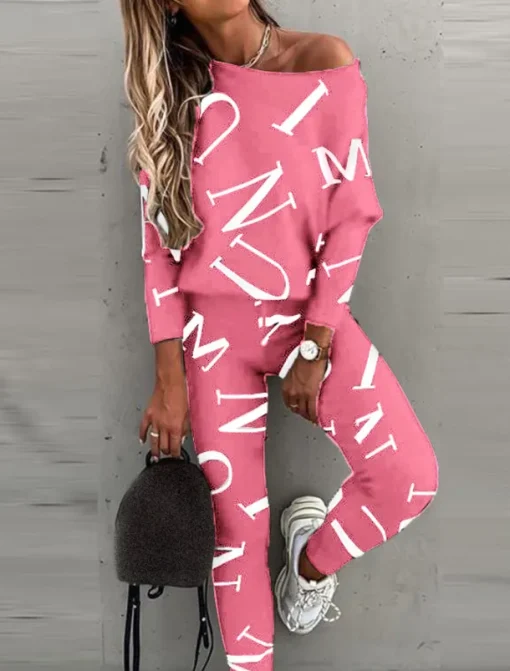 Women's Active Sports Shirt Pants Sets Pants Trousers Long Sleeve One Shoulder Letter Print Casual Daily Black White Pink Spring & Fall Regular Fit