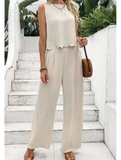 Women's Active Streetwear Blouse Pants Sets Sleeveless Crew Neck Solid Color Backless Going out Weekend Black Dark Navy Orange Summer Regular Fit