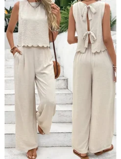 Women's Active Streetwear Blouse Pants Sets Sleeveless Crew Neck Solid Color Backless Going out Weekend Black Dark Navy Orange Summer Regular Fit