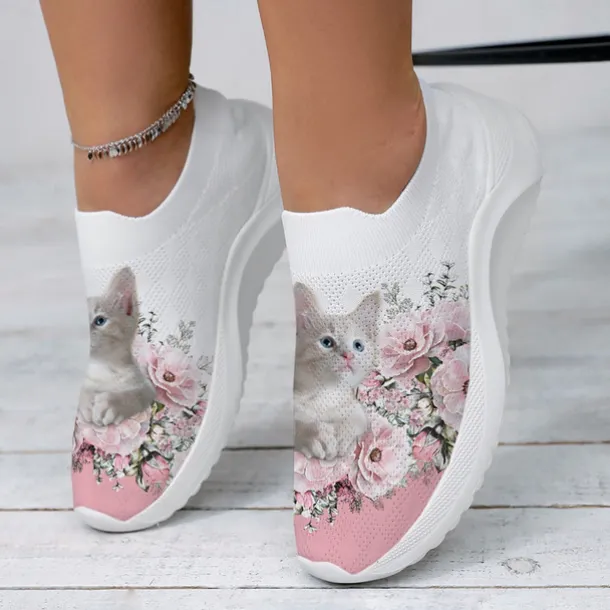 Women's Adorable Kitten Floral Sneakers – Breathable Casual Slip-On Shoes with Cute Cat Print, Perfect for Daily Comfort and Style