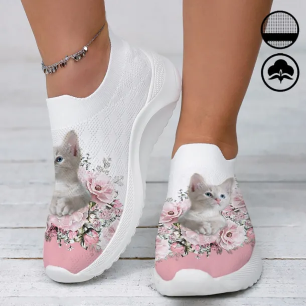 Women's Adorable Kitten Floral Sneakers – Breathable Casual Slip-On Shoes with Cute Cat Print, Perfect for Daily Comfort and Style