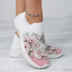 Women's Adorable Kitten Floral Sneakers – Breathable Casual Slip-On Shoes with Cute Cat Print, Perfect for Daily Comfort and Style