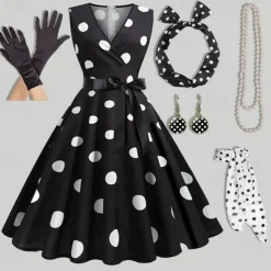 Women's A-Line Rockabilly Dress Polka Dots Swing Dress Flare Dress with Accessories Set 1950s Grease Outfits 60s Retro Vintage with Headband Chiffon Scarf Earrings Pearl Necklace Gloves
