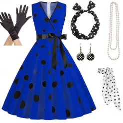 Women's A-Line Rockabilly Dress Polka Dots Swing Dress Flare Dress with Accessories Set 1950s Grease Outfits 60s Retro Vintage with Headband Chiffon Scarf Earrings Pearl Necklace Gloves