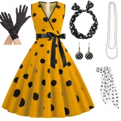 Women's A-Line Rockabilly Dress Polka Dots Swing Dress Flare Dress with Accessories Set 1950s Grease Outfits 60s Retro Vintage with Headband Chiffon Scarf Earrings Pearl Necklace Gloves