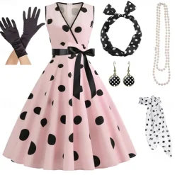 Women's A-Line Rockabilly Dress Polka Dots Swing Dress Flare Dress with Accessories Set 1950s Grease Outfits 60s Retro Vintage with Headband Chiffon Scarf Earrings Pearl Necklace Gloves