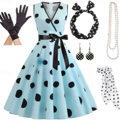 Women's A-Line Rockabilly Dress Polka Dots Swing Dress Flare Dress with Accessories Set 1950s Grease Outfits 60s Retro Vintage with Headband Chiffon Scarf Earrings Pearl Necklace Gloves