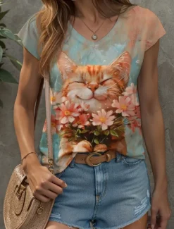 Women's Animals Camisole Tank Top Floral Graphic Cat Vintage Tropical Stylish Sleeveless Short Sleeve V Neck Regular Tops Daily Print Orange Summer Spring
