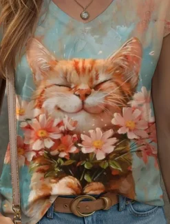 Women's Animals Camisole Tank Top Floral Graphic Cat Vintage Tropical Stylish Sleeveless Short Sleeve V Neck Regular Tops Daily Print Orange Summer Spring