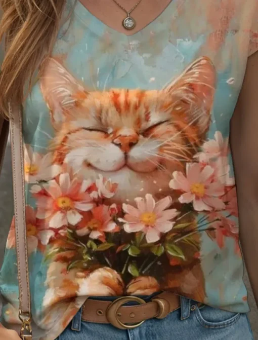 Women's Animals Camisole Tank Top Floral Graphic Cat Vintage Tropical Stylish Sleeveless Short Sleeve V Neck Regular Tops Daily Print Orange Summer Spring