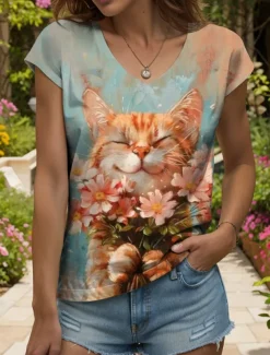 Women's Animals Camisole Tank Top Floral Graphic Cat Vintage Tropical Stylish Sleeveless Short Sleeve V Neck Regular Tops Daily Print Orange Summer Spring