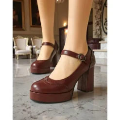 Women's Apricot Mary Jane Platform Pumps - 1950s Retro Chunky Heel Shoes with Brogue Detailing and Adjustable Strap for Office, Tea Parties, and Daily Wear