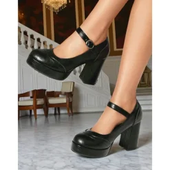 Women's Apricot Mary Jane Platform Pumps - 1950s Retro Chunky Heel Shoes with Brogue Detailing and Adjustable Strap for Office, Tea Parties, and Daily Wear
