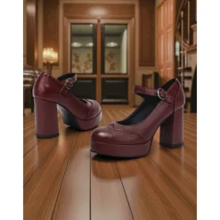 Women's Apricot Mary Jane Platform Pumps - 1950s Retro Chunky Heel Shoes with Brogue Detailing and Adjustable Strap for Office, Tea Parties, and Daily Wear