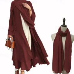 Women's Arabian Muslim Robe Coat Dress With Hat Cap Hijab Scarfs 2 Pieces Adults Religious Saudi Arabic Dress Abaya Hijab Khimar For Ramadan Dress