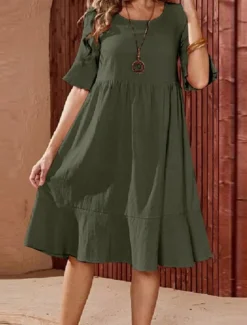Women's ArmyGreen Pink Navy Blue Summer Spring Midi Dress Cotton Linen Dresses Casual Dress Cotton Summer Dress Basic Modern Daily Weekend Loose Fit Plain Crew Neck