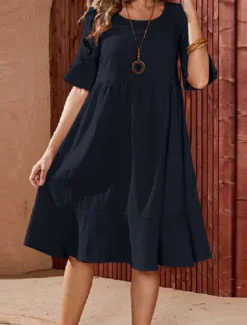 Women's ArmyGreen Pink Navy Blue Summer Spring Midi Dress Cotton Linen Dresses Casual Dress Cotton Summer Dress Basic Modern Daily Weekend Loose Fit Plain Crew Neck