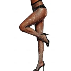 Women's Back Seam High Waist Tights Sparkle Rhinestone Fishnets Party Rhinestone Mesh Stockings Disco Club Party