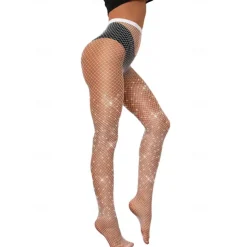 Women's Back Seam High Waist Tights Sparkle Rhinestone Fishnets Party Rhinestone Mesh Stockings Disco Club Party